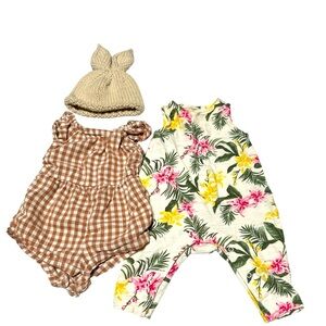 Old Navy Floral and Gingham Kids Romper Set with Knit Bunny Ear Hat